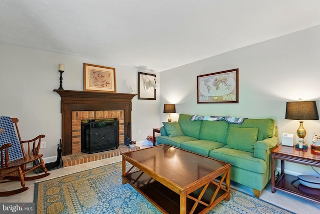 tiled living room with a fireplace