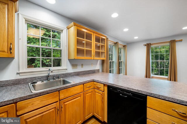 5303 Dew Garth, Baltimore, MD 21206 - kitchen featuring glass insert cabinets, a sink, dark countertops, black dishwasher, and recessed lighting
