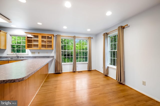 5303 Dew Garth, Baltimore, MD 21206 - kitchen featuring a wealth of natural light, light wood-style floors, recessed lighting, and glass insert cabinets