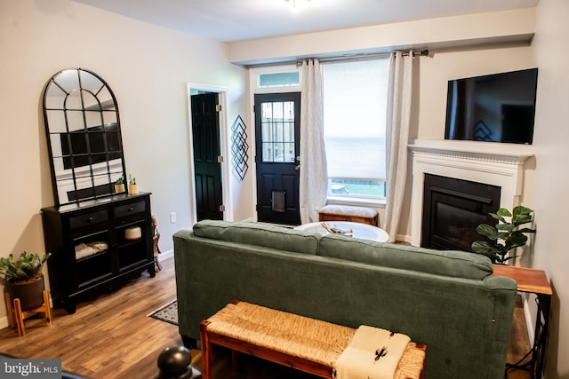 living room with baseboards, a glass covered fireplace, plenty of natural light, and wood finished floors
