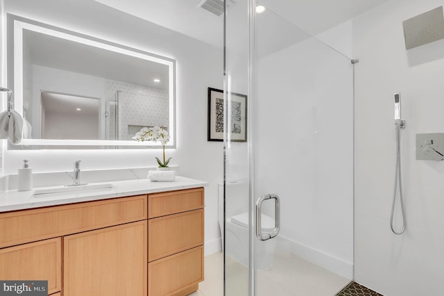bathroom featuring vanity, visible vents, and a stall shower