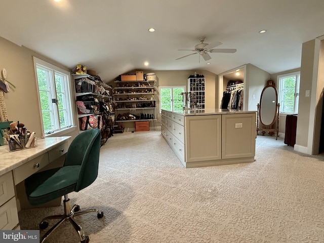 office area with vaulted ceiling, light carpet, ceiling fan, and recessed lighting
