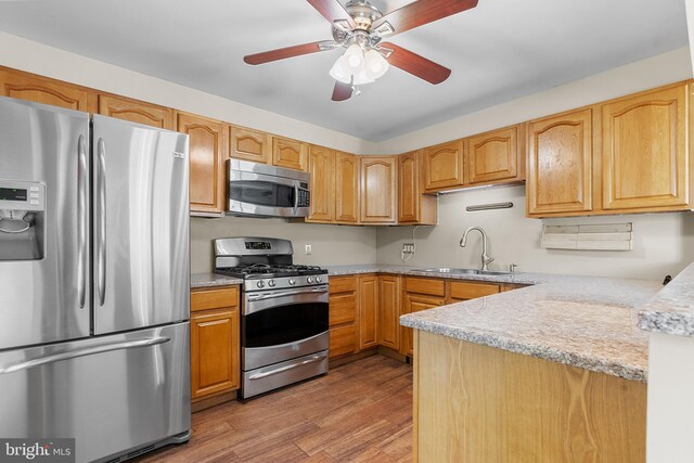 kitchen with ceiling fan, appliances with stainless steel finishes, light wood-type flooring, a sink, and light countertops