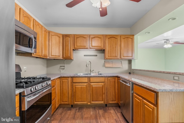 kitchen with a ceiling fan, appliances with stainless steel finishes, a sink, a peninsula, and dark wood-type flooring