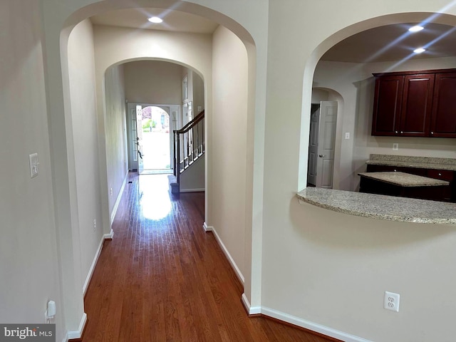 2435 Mill Race Rd, Frederick, MD 21701 - hall with stairway, wood finished floors, baseboards, and recessed lighting