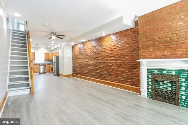 3429 E Lombard St, Baltimore, MD 21224 - unfurnished living room featuring stairs, light wood finished floors, ceiling fan, baseboards, and recessed lighting