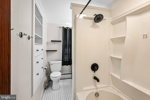 bathroom featuring ornamental molding, tile patterned floors, bathtub / shower combination, and toilet