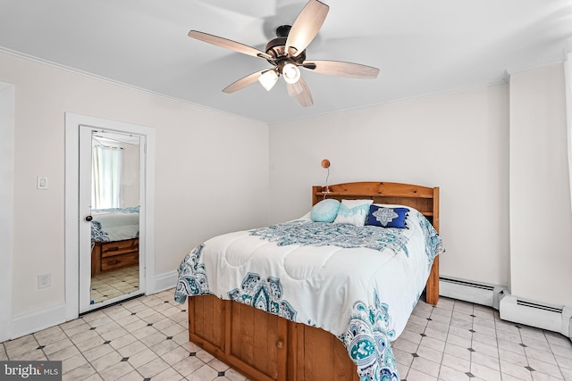 bedroom featuring ornamental molding, baseboards, light floors, ceiling fan, and a baseboard heating unit