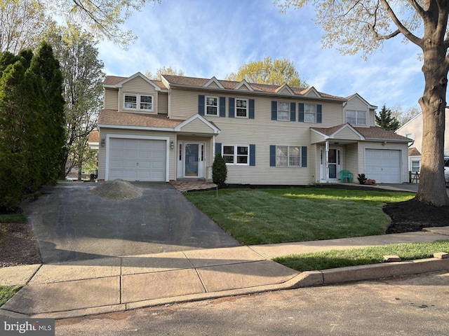 view of front of property featuring an attached garage, driveway, and a front yard