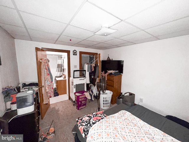 bedroom featuring carpet and a paneled ceiling