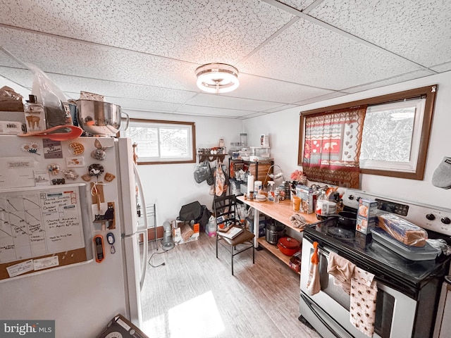 kitchen with a drop ceiling, wood finished floors, stainless steel electric stove, and freestanding refrigerator