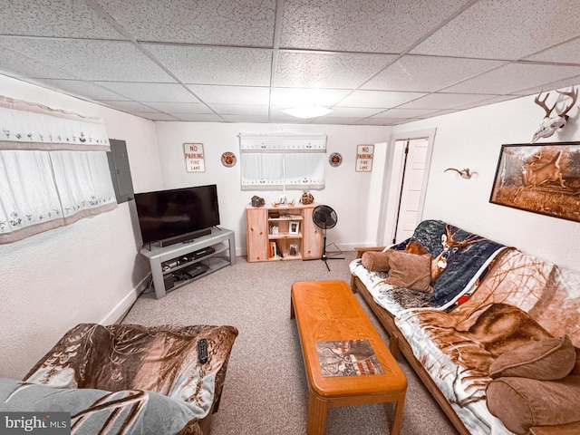 carpeted living room featuring baseboards and a drop ceiling