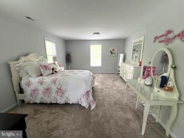 bedroom with multiple windows, light colored carpet, and baseboards