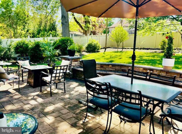 view of patio / terrace with an outdoor fire pit, outdoor dining area, and a fenced backyard