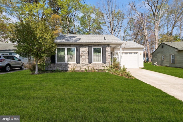 ranch-style house with an attached garage, concrete driveway, a front yard, and stone siding