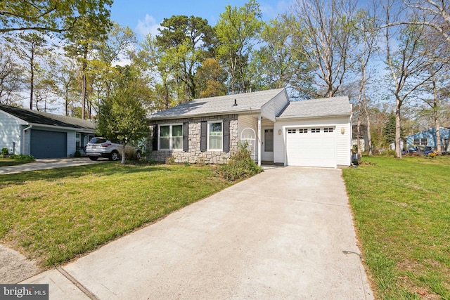 ranch-style home featuring stone siding, driveway, a garage, and a front lawn