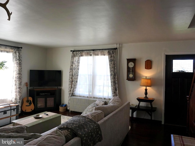 living area with wood finished floors and radiator heating unit