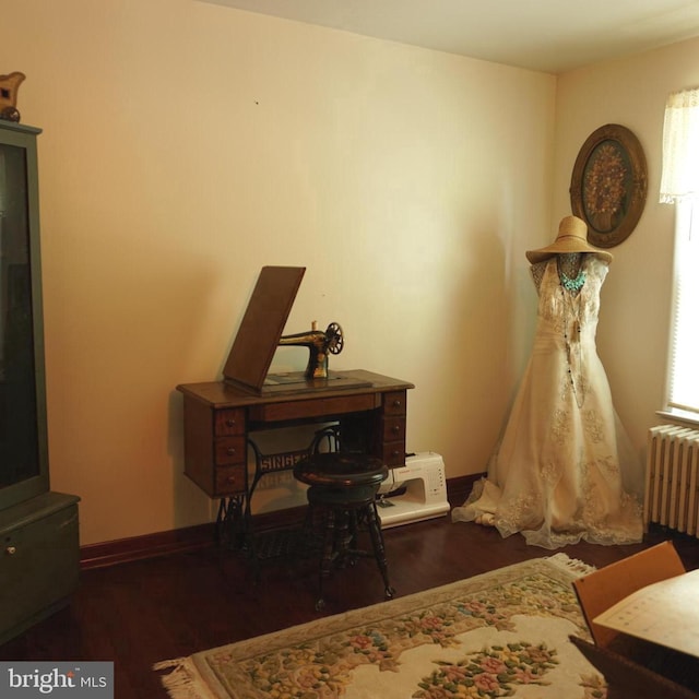 living area with wood finished floors, baseboards, radiator heating unit, and a wealth of natural light