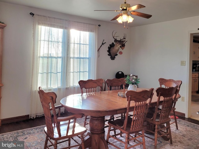dining room featuring baseboards, ceiling fan, and wood finished floors