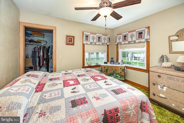 bedroom with a spacious closet, ceiling fan, and a closet