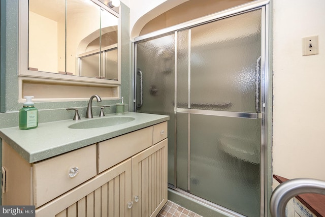 full bathroom featuring a stall shower and vanity