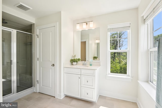 1579 Meadowlark Glen Rd, Dumfries, VA 22026 - bathroom with vanity, a wealth of natural light, a stall shower, and visible vents