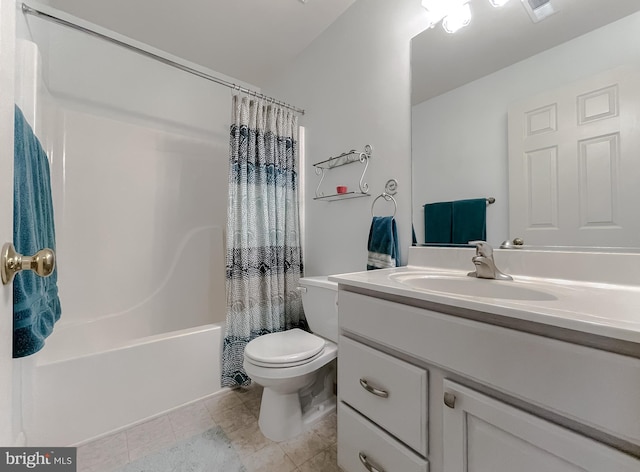 full bathroom with toilet, tile patterned flooring, shower / bath combo with shower curtain, and vanity