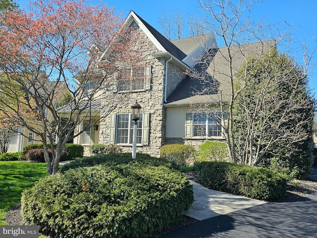 view of home's exterior with a shingled roof and stone siding