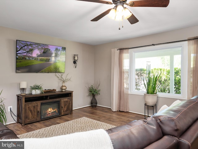 living area featuring baseboards, a ceiling fan, and wood finished floors