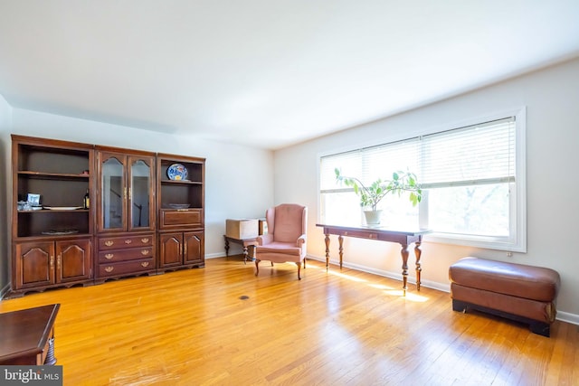 living area featuring light wood-style floors and baseboards