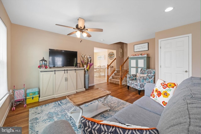 11 Gooseneck Ln, Smyrna, DE 19977 - living room featuring wood finished floors, a ceiling fan, stairway, recessed lighting, and baseboards