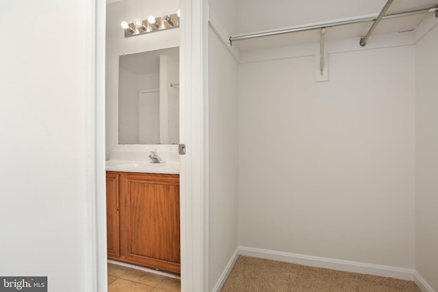 spacious closet with a sink and light carpet