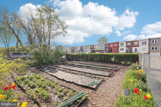 surrounding community with fence and a residential view