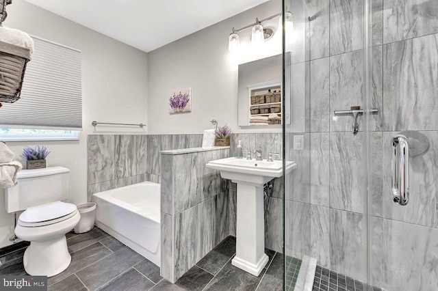 20 Wolfpack Rd, Hamilton, NJ 08619 - full bath featuring toilet, tile walls, a bath, and a stall shower