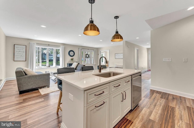 20 Wolfpack Rd, Hamilton, NJ 08619 - kitchen featuring hanging light fixtures, wood finished floors, dishwasher, a sink, and open floor plan