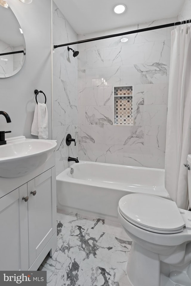 538 Pontiac, Baltimore, MD 21225 - full bathroom featuring shower / bathtub combination with curtain, toilet, vanity, marble finish flooring, and recessed lighting