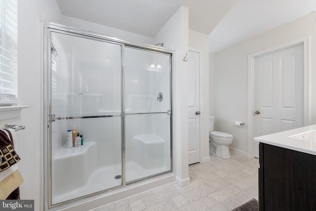 50 Wexford Ct, Morgantown, PA 19543 - bathroom with a shower stall, baseboards, toilet, tile patterned floors, and vanity
