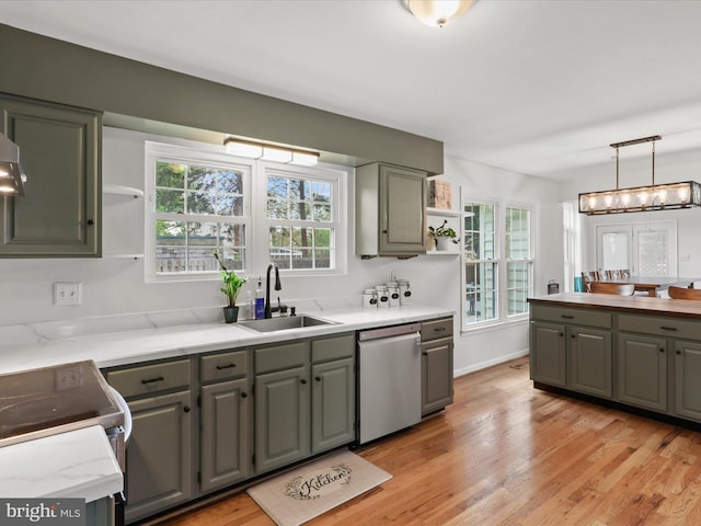 214 Primavera Cir, Sterling, VA 20165 - kitchen with open shelves, appliances with stainless steel finishes, a sink, light wood-type flooring, and gray cabinetry