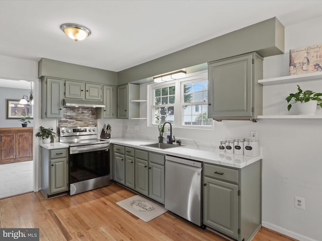 214 Primavera Cir, Sterling, VA 20165 - kitchen with open shelves, gray cabinets, under cabinet range hood, a sink, and appliances with stainless steel finishes