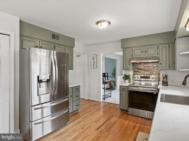 214 Primavera Cir, Sterling, VA 20165 - kitchen featuring visible vents, under cabinet range hood, a sink, light wood finished floors, and stainless steel appliances