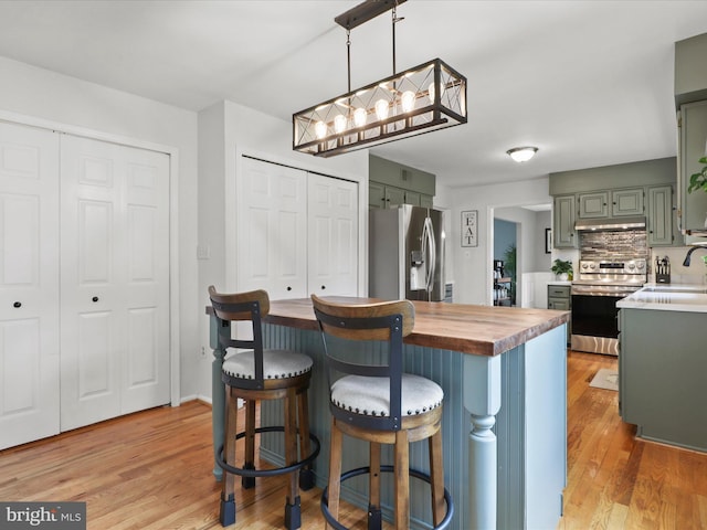 214 Primavera Cir, Sterling, VA 20165 - kitchen featuring wooden counters, a sink, light wood-style flooring, green cabinets, and stainless steel appliances
