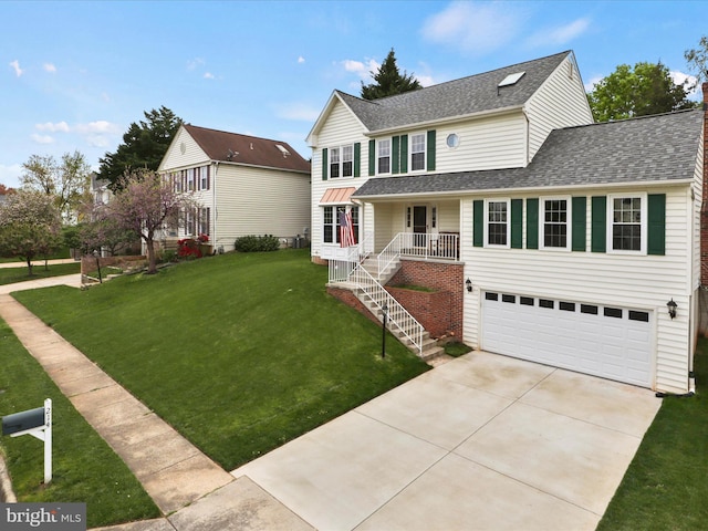 214 Primavera Cir, Sterling, VA 20165 - traditional-style house featuring a garage, covered porch, a front yard, roof with shingles, and driveway