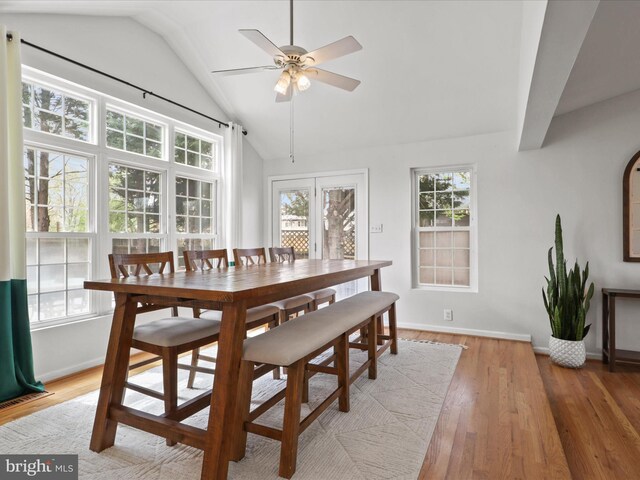 214 Primavera Cir, Sterling, VA 20165 - dining room featuring light wood-style floors, baseboards, ceiling fan, and lofted ceiling