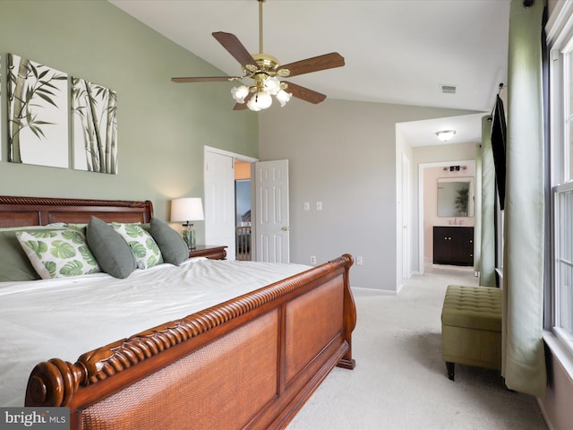 214 Primavera Cir, Sterling, VA 20165 - bedroom with light colored carpet, high vaulted ceiling, a ceiling fan, baseboards, and visible vents