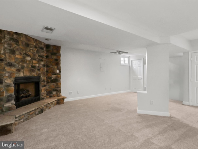 214 Primavera Cir, Sterling, VA 20165 - below grade area with carpet flooring, baseboards, visible vents, and a fireplace