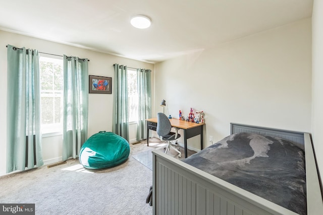 bedroom featuring baseboards, multiple windows, and carpet flooring