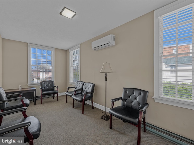 203 S George St, Charles Town, WV 25414 - living area featuring a wealth of natural light, an AC wall unit, baseboard heating, and carpet floors