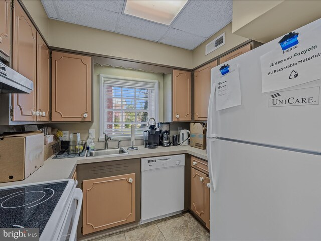 203 S George St, Charles Town, WV 25414 - kitchen with a paneled ceiling, a sink, white appliances, visible vents, and light countertops