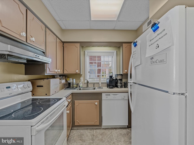 203 S George St, Charles Town, WV 25414 - kitchen featuring a sink, light countertops, under cabinet range hood, white appliances, and a paneled ceiling