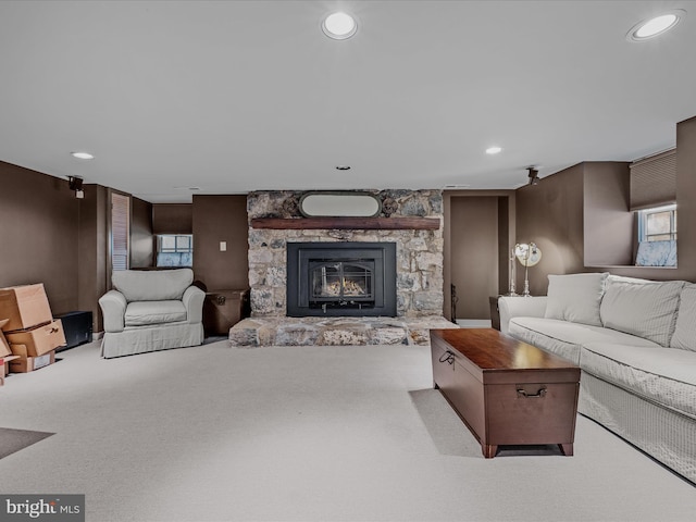 203 S George St, Charles Town, WV 25414 - living room featuring recessed lighting, carpet flooring, and a fireplace